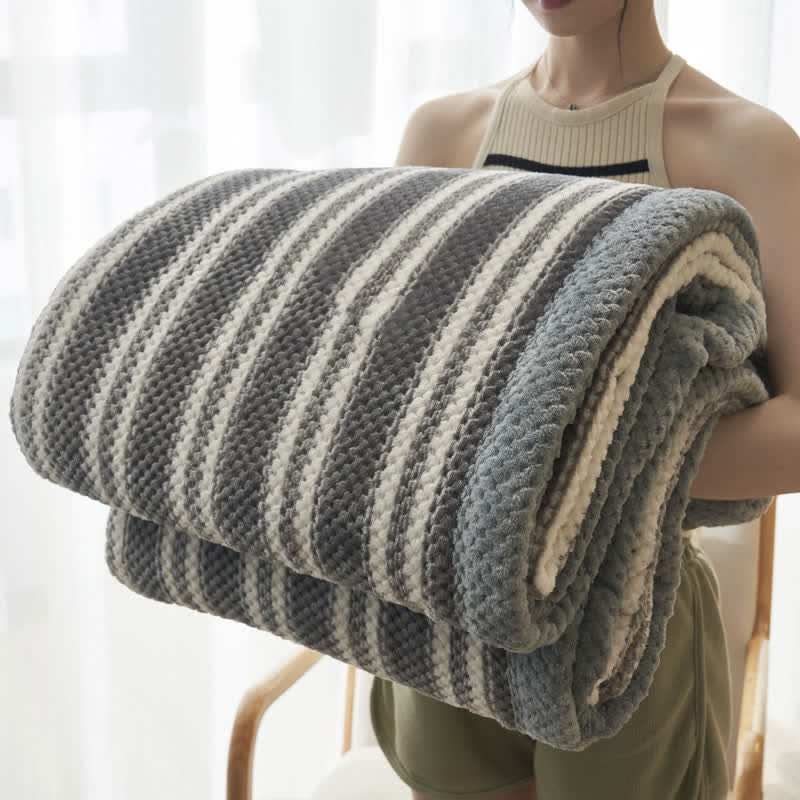 Striped Coral Fleece Throw Blanket | High-Quality Polyester | Available in Full, Queen, King Sizes