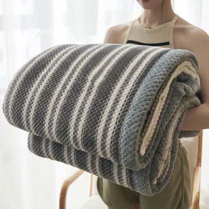 Striped Coral Fleece Throw Blanket | High-Quality Polyester | Available in Full, Queen, King Sizes