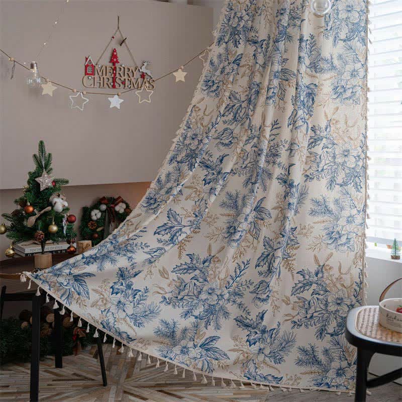 Blue Flower Semi-Blackout Curtain | Cotton and Linen | 1 Piece