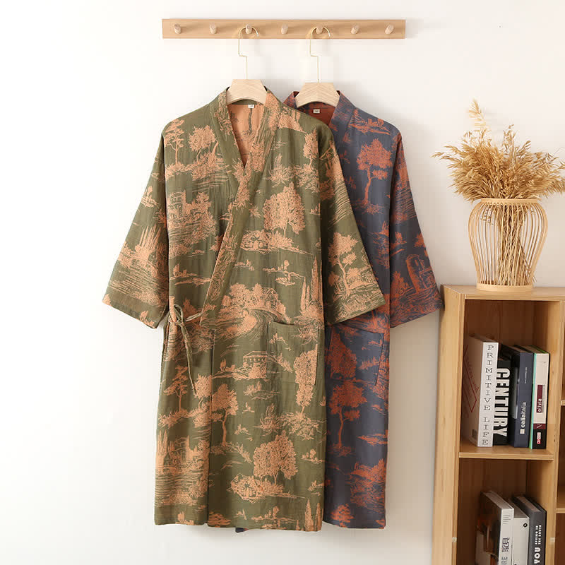 Natural Tree Print Bathrobe | Lightweight Pure Cotton | Unisex Design