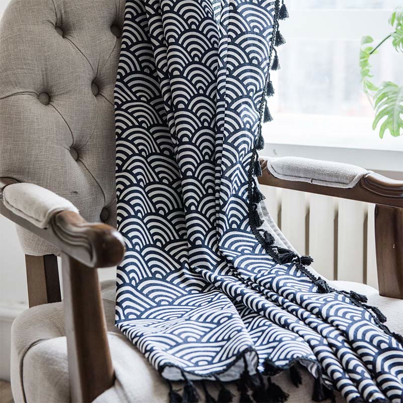 Navy Blue Fish Scale Semi-Blockout Curtain | Soft Cotton Fabric | 59"W x 63"-102"L