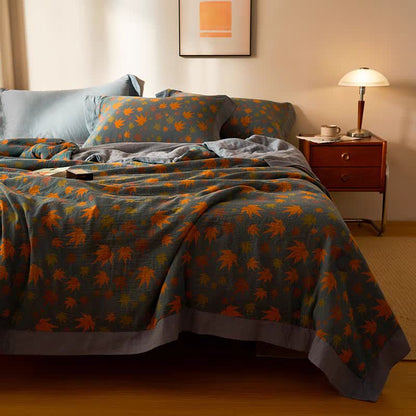 Maple Leaf Jacquard Quilt | 100% Organic Cotton | Orange and Yellow Design