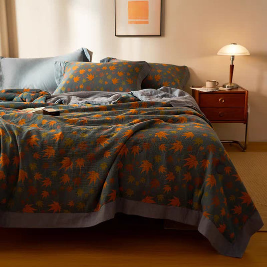 Maple Leaf Jacquard Quilt | 100% Organic Cotton | Orange and Yellow Design