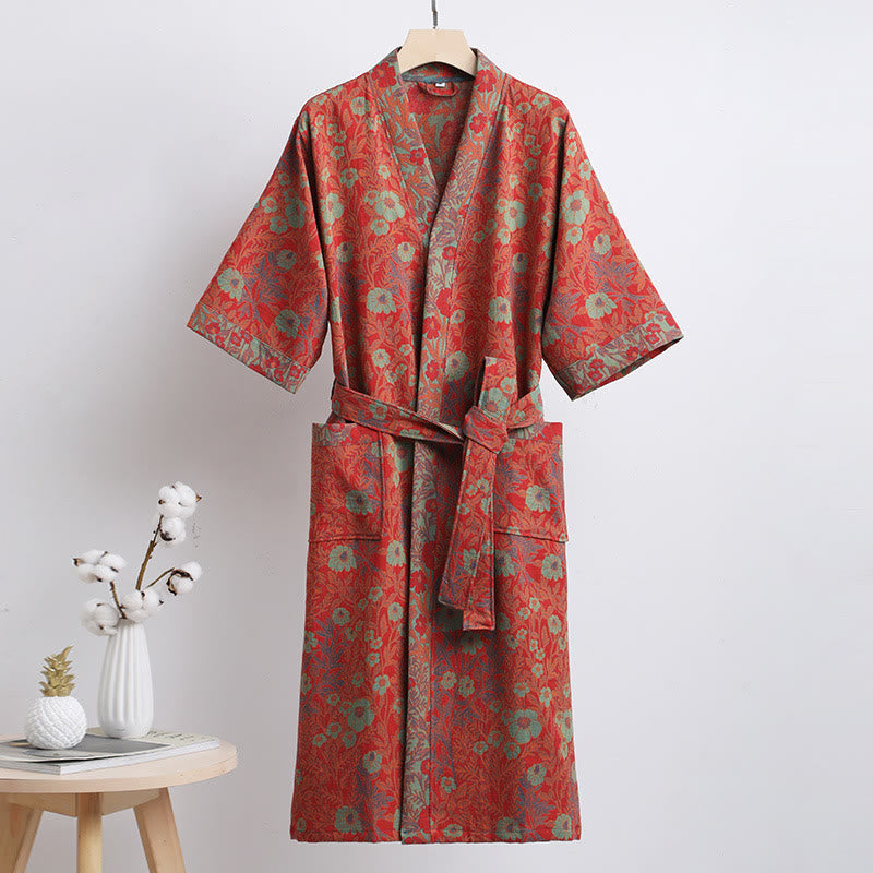 Cotton Bathrobe | Jacquard Flower Pattern | Unisex, Adjustable Belt