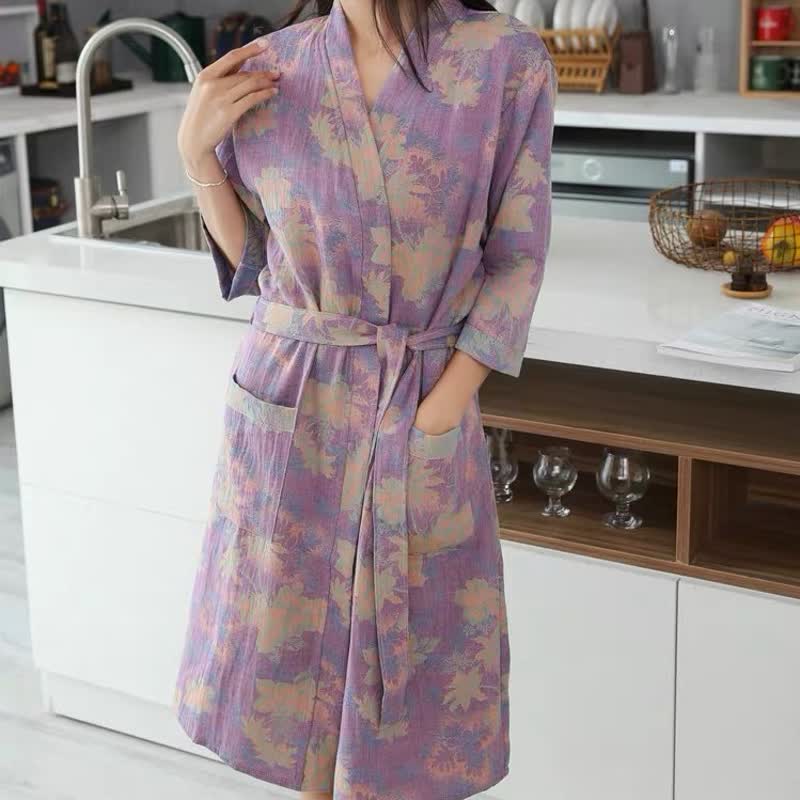 Cotton Gauze Floral Kimono Robe | Lightweight Breathable Fabric | One Size