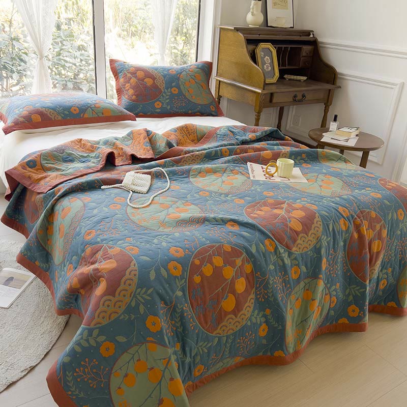 Persimmon Flower Cotton Quilt | Reversible Double-Sided | Full/Queen/King Sizes