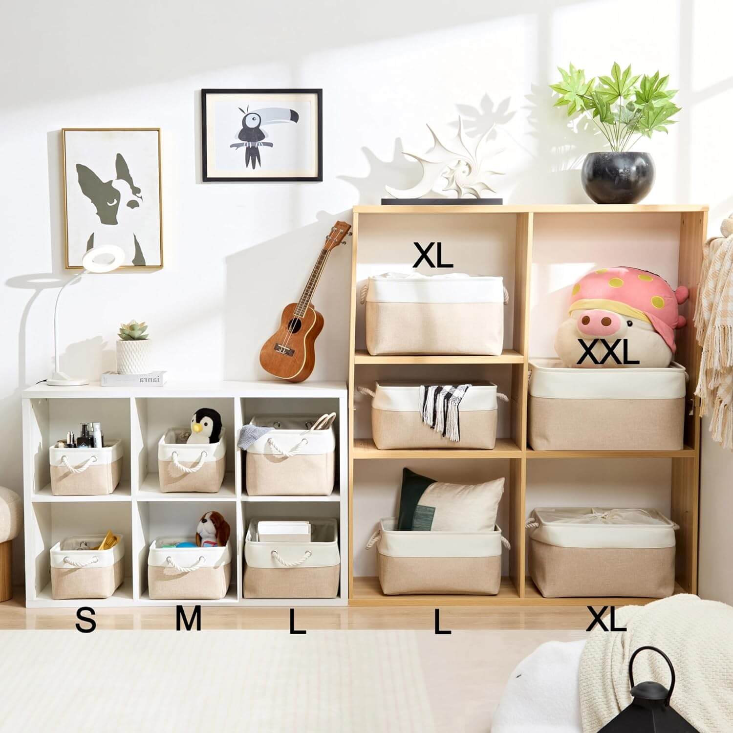 Fabric Storage Baskets | White & Khaki Rope Handles | Set of 5