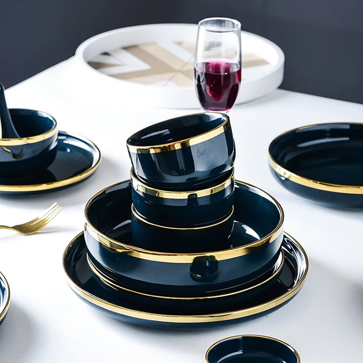 Oxford Blue Dinnerware Set | Fine Porcelain with Gold Rim | 4, 6, or 8 People