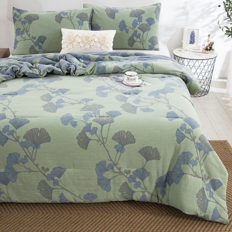 Rustic Ginkgo Leaf Bedding Set | 100% Organic Cotton | Includes Quilt & 2 Pillowcases