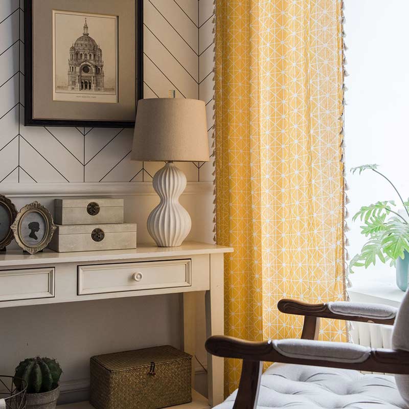 Yellow Plaid Semi-Blackout Curtains | Cotton with Tassels | 1 Piece