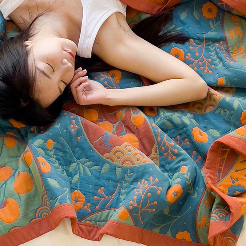 Persimmon Flower Cotton Quilt | Reversible Double-Sided | Full/Queen/King Sizes