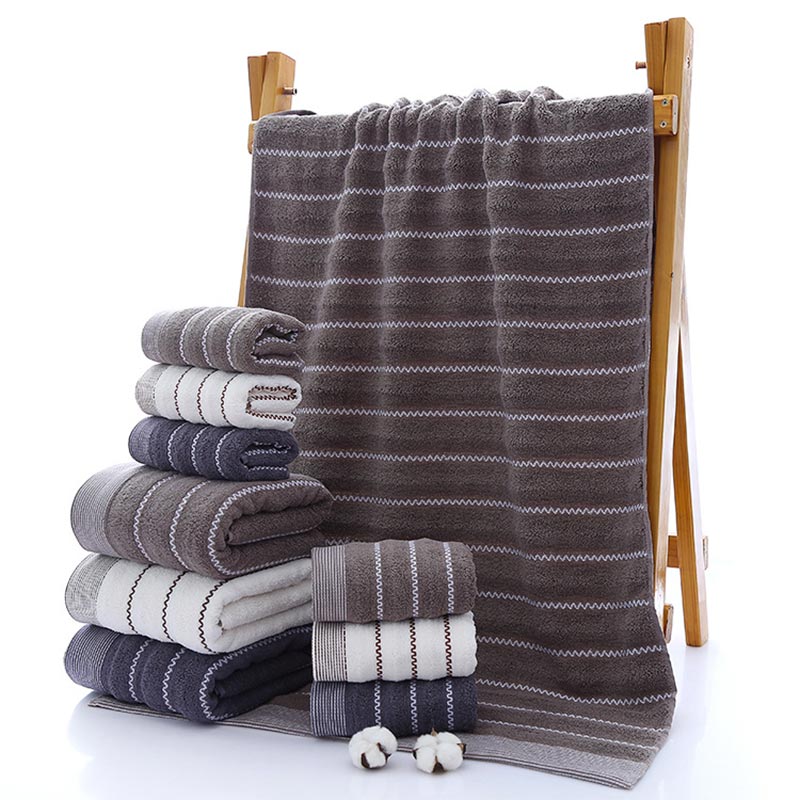 Bath Towel Set | 100% Cotton | Striped | 2 Hand Towels & 1 Bath Towel