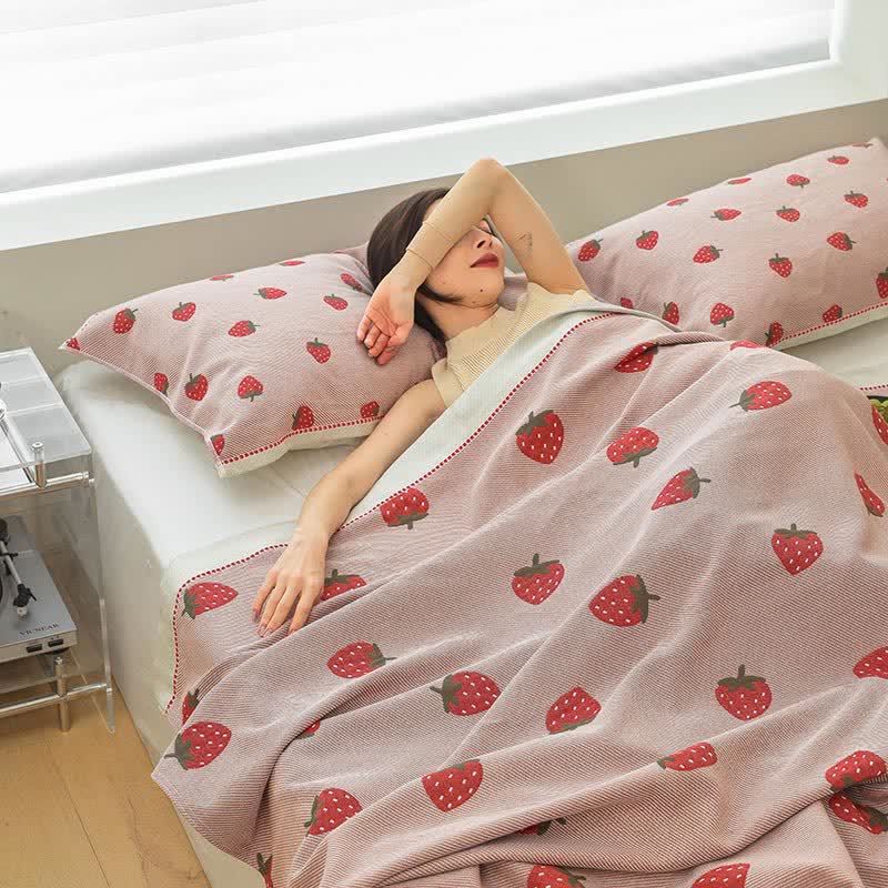 Pink Strawberry Cotton Gauze Quilt | Reversible Design | Full/Queen/King Options