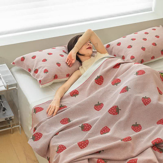 Pink Strawberry Cotton Gauze Quilt | Reversible Design | Full/Queen/King Options