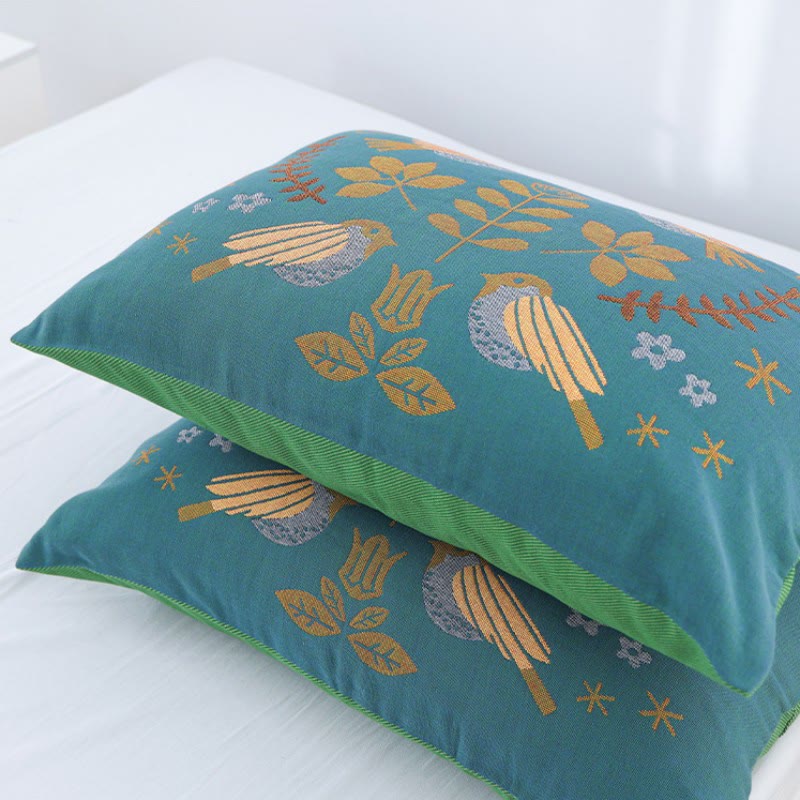 Boho Cotton Pillowcases | Flower and Bird Design | Set of 2