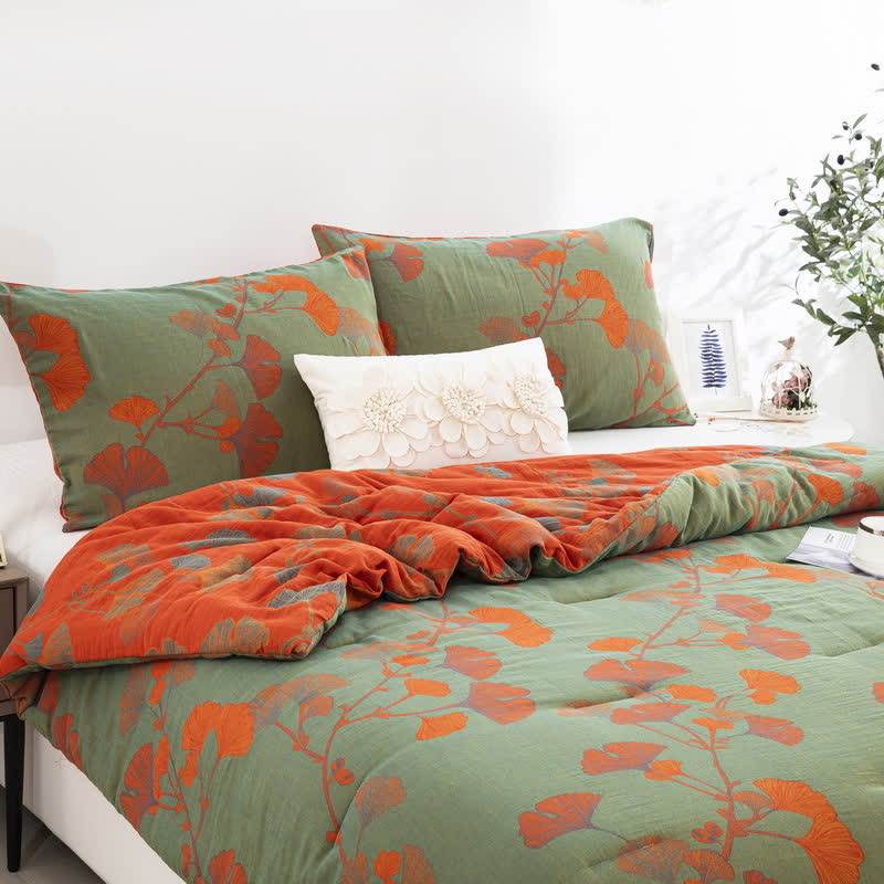 Rustic Ginkgo Leaf Bedding Set | 100% Organic Cotton | Includes Quilt & 2 Pillowcases