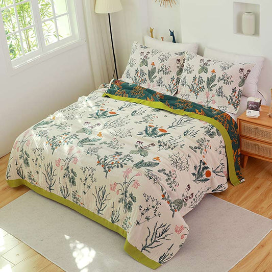 Flower Plant Reversible Quilt | 100% Organic Cotton | Full/Queen/King Sizes