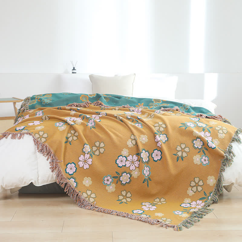 Blooming Flowers Soft Tassel Blanket | Pure Cotton | Full Size 59"W x 79"L