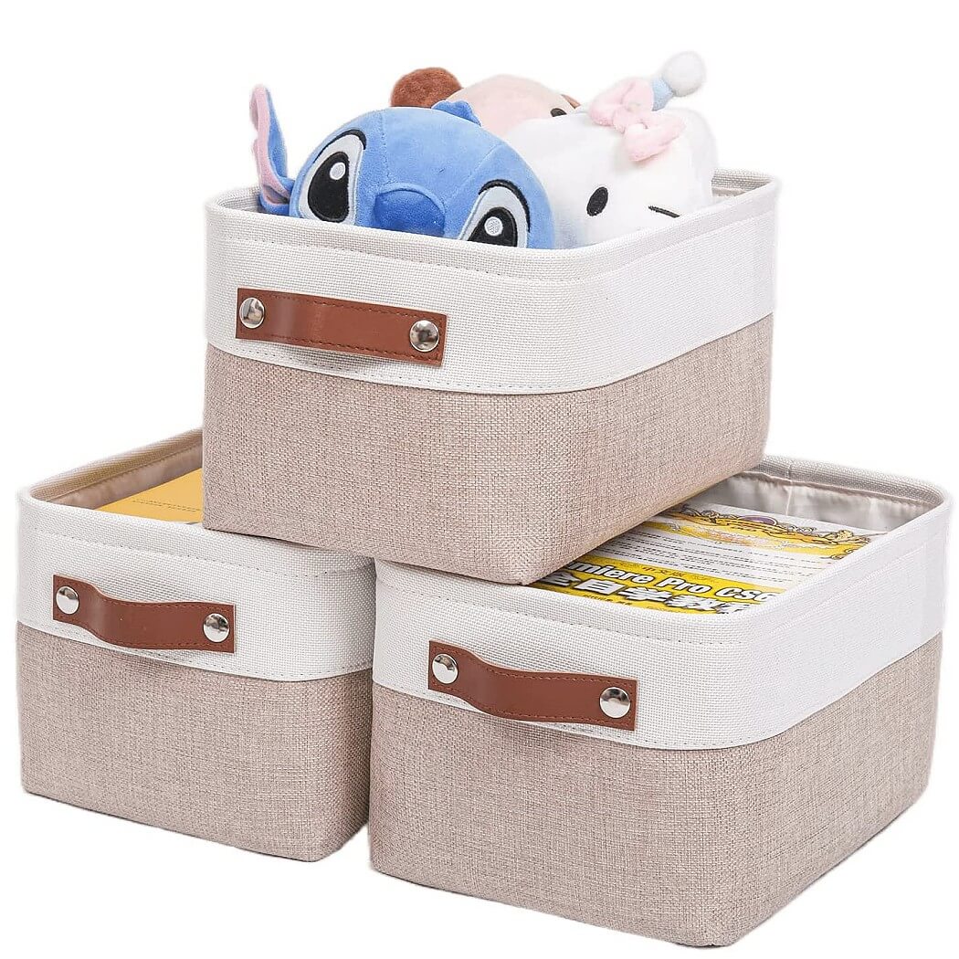 Fabric Storage Boxes | Collapsible with Leather Handles | Set of 3, White & Khaki