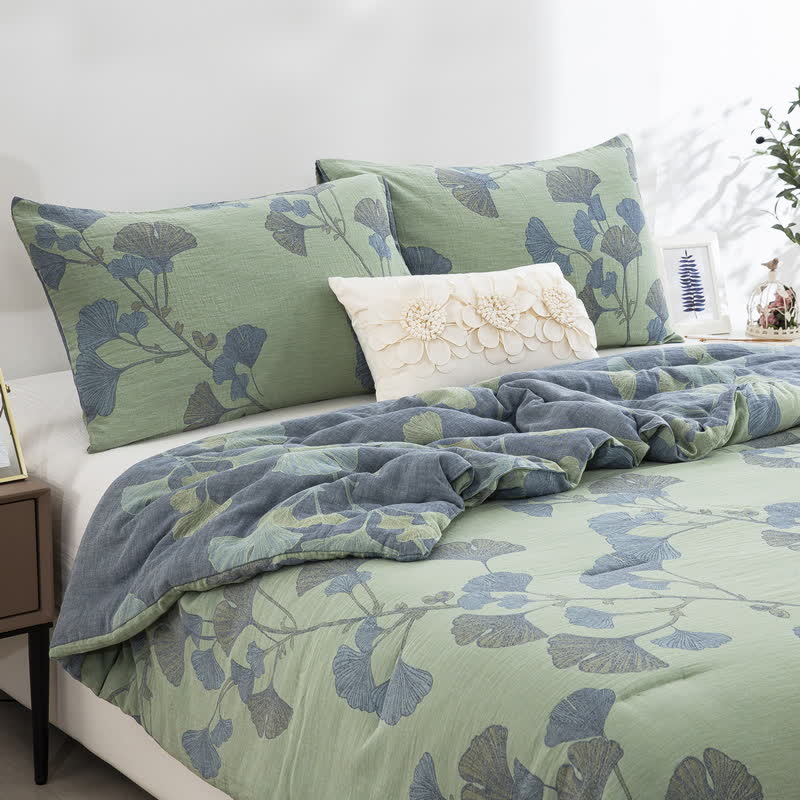 Rustic Ginkgo Leaf Bedding Set | 100% Organic Cotton | Includes Quilt & 2 Pillowcases