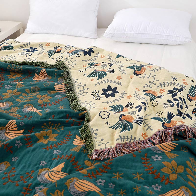 Boho Reversible Blanket | 100% Cotton | Floral and Bird Patterns