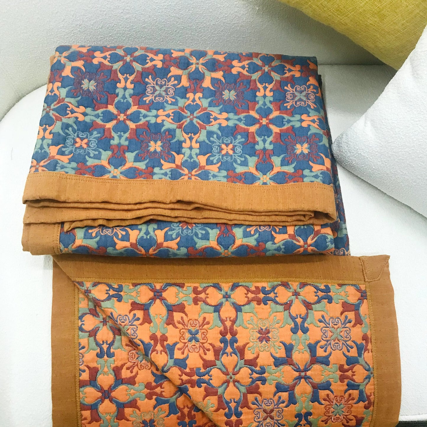 Cotton Quilt Set | Reversible Orange & Blue | 1 Quilt & 2 Pillowcases