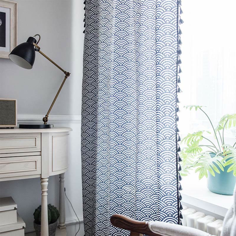 Navy Blue Fish Scale Semi-Blockout Curtain | Soft Cotton Fabric | 59"W x 63"-102"L