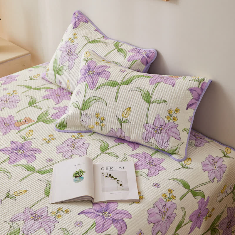 Quilted Cotton Bedding Set | Eco-Friendly Floral Design | Queen Size with 2 Pillowcases