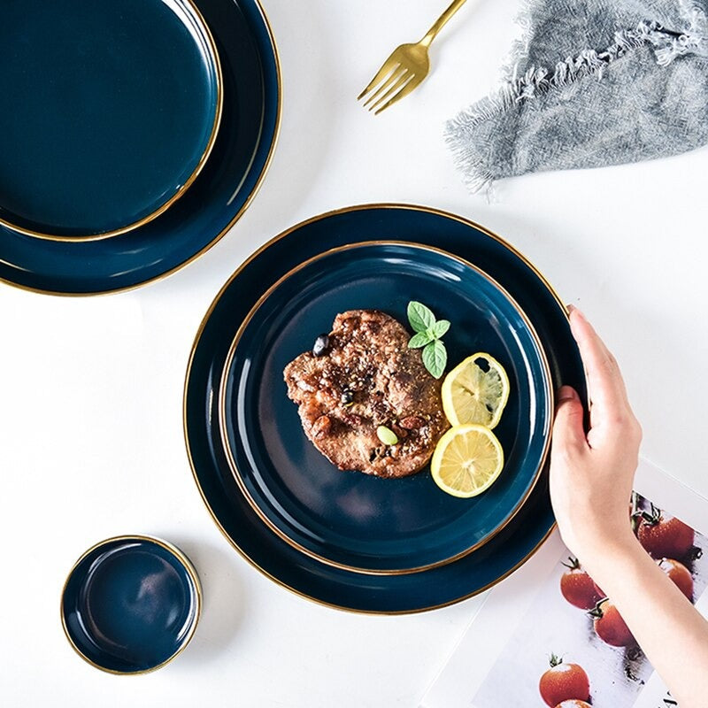 Oxford Blue Dinnerware Set | Fine Porcelain with Gold Rim | 4, 6, or 8 People
