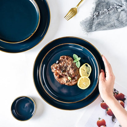 Oxford Blue Dinnerware Set | Fine Porcelain with Gold Rim | 4, 6, or 8 People