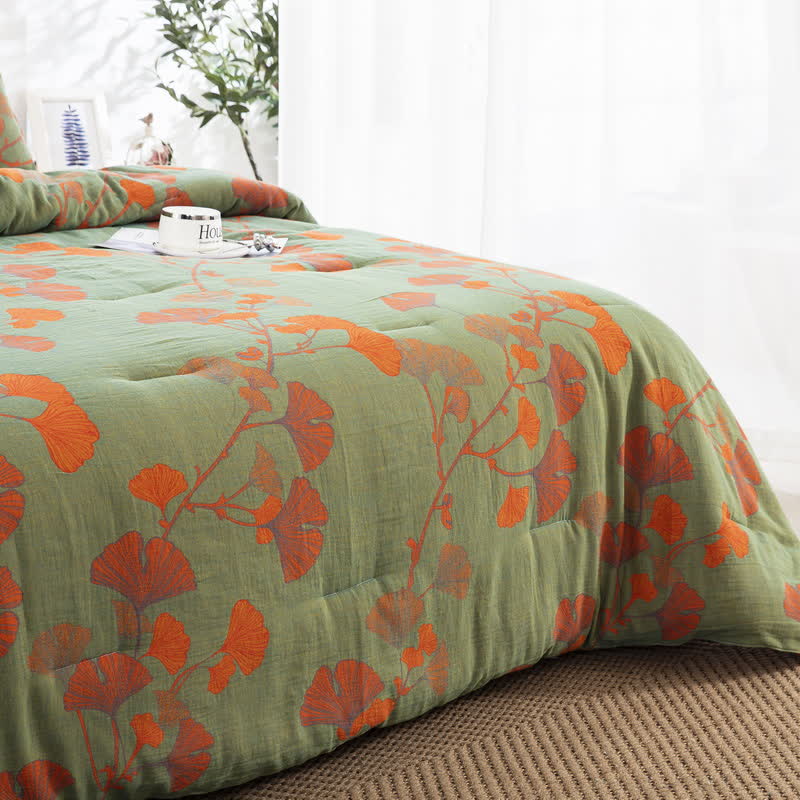 Rustic Ginkgo Leaf Bedding Set | 100% Organic Cotton | Includes Quilt & 2 Pillowcases
