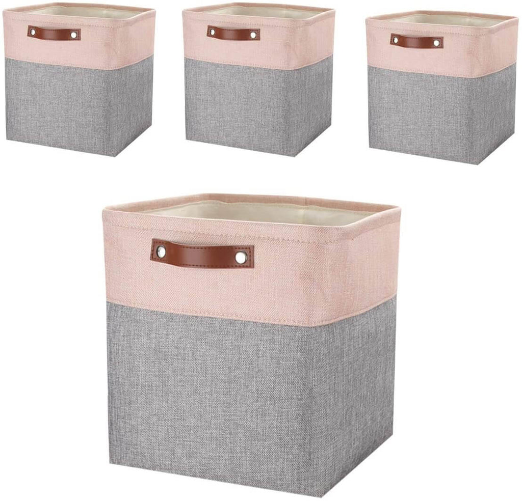 Fabric Storage Cube Basket | Hemp and Cotton Blend | Grey and Pink 33CM