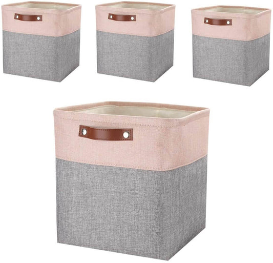 Fabric Storage Cube Basket | Hemp and Cotton Blend | Grey and Pink 33CM
