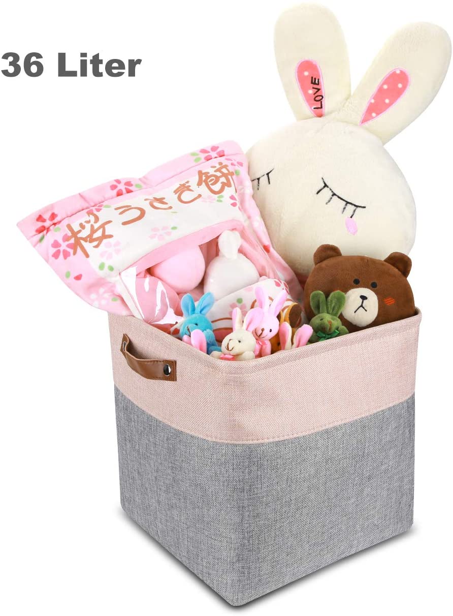 Fabric Storage Cube Basket | Hemp and Cotton Blend | Grey and Pink 33CM