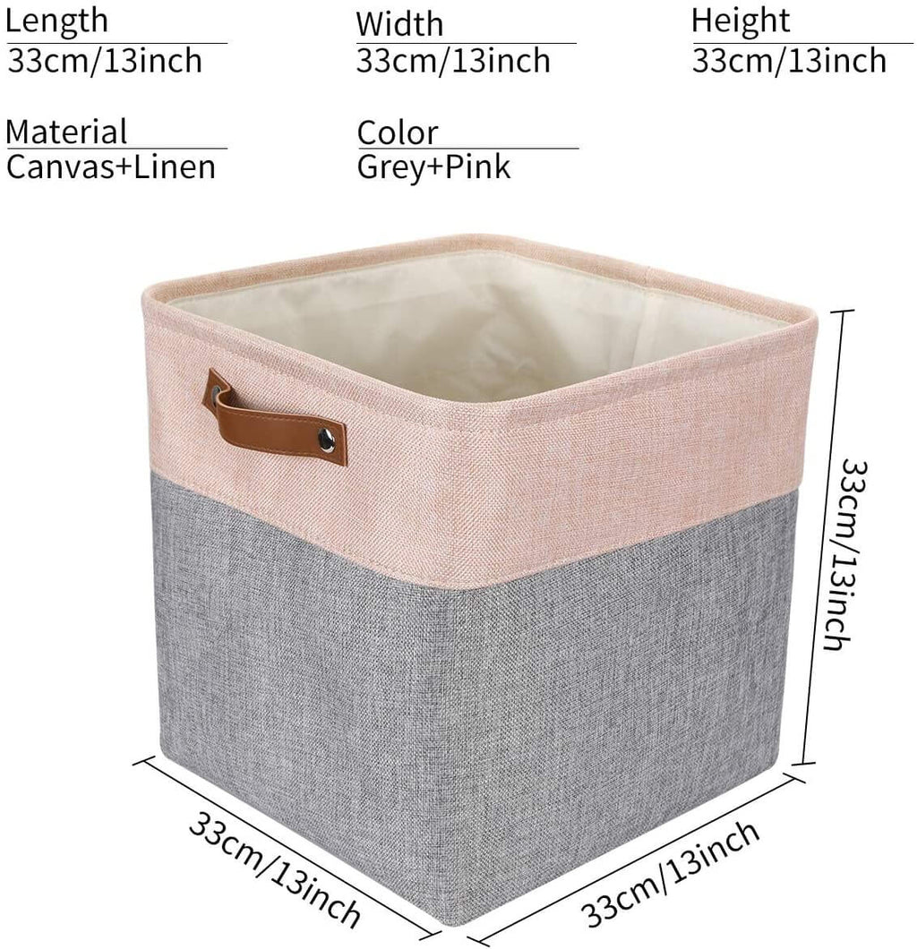 Fabric Storage Cube Basket | Hemp and Cotton Blend | Grey and Pink 33CM