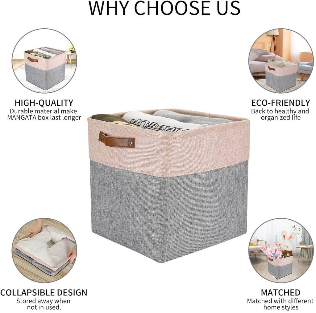 Fabric Storage Cube Basket | Hemp and Cotton Blend | Grey and Pink 33CM