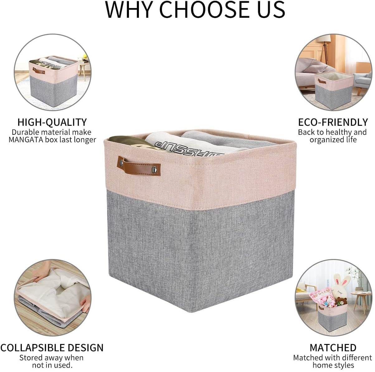 Fabric Storage Cube Basket | Hemp and Cotton Blend | Grey and Pink 33CM