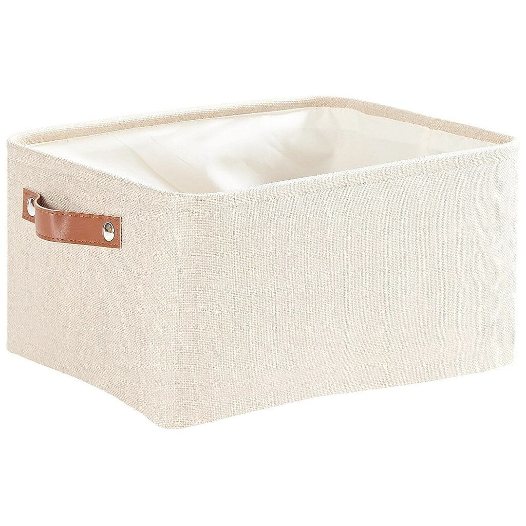 Collapsible Storage Box | Durable Linen with Leather Handles | Beige