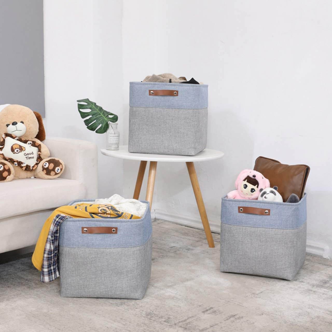 Storage Cube Boxes | Canvas Linen | Grey & Blue Set of 2