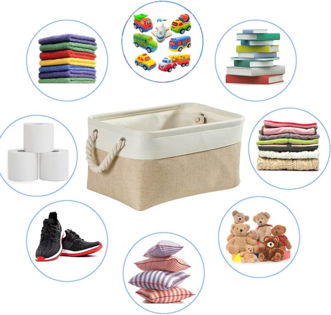 Fabric Storage Baskets | White & Khaki Rope Handles | Set of 5