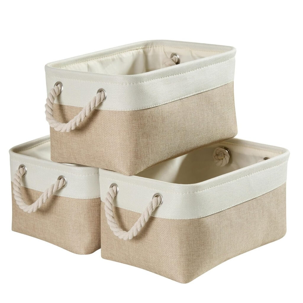 Fabric Storage Baskets | White & Khaki Rope Handles | Set of 5