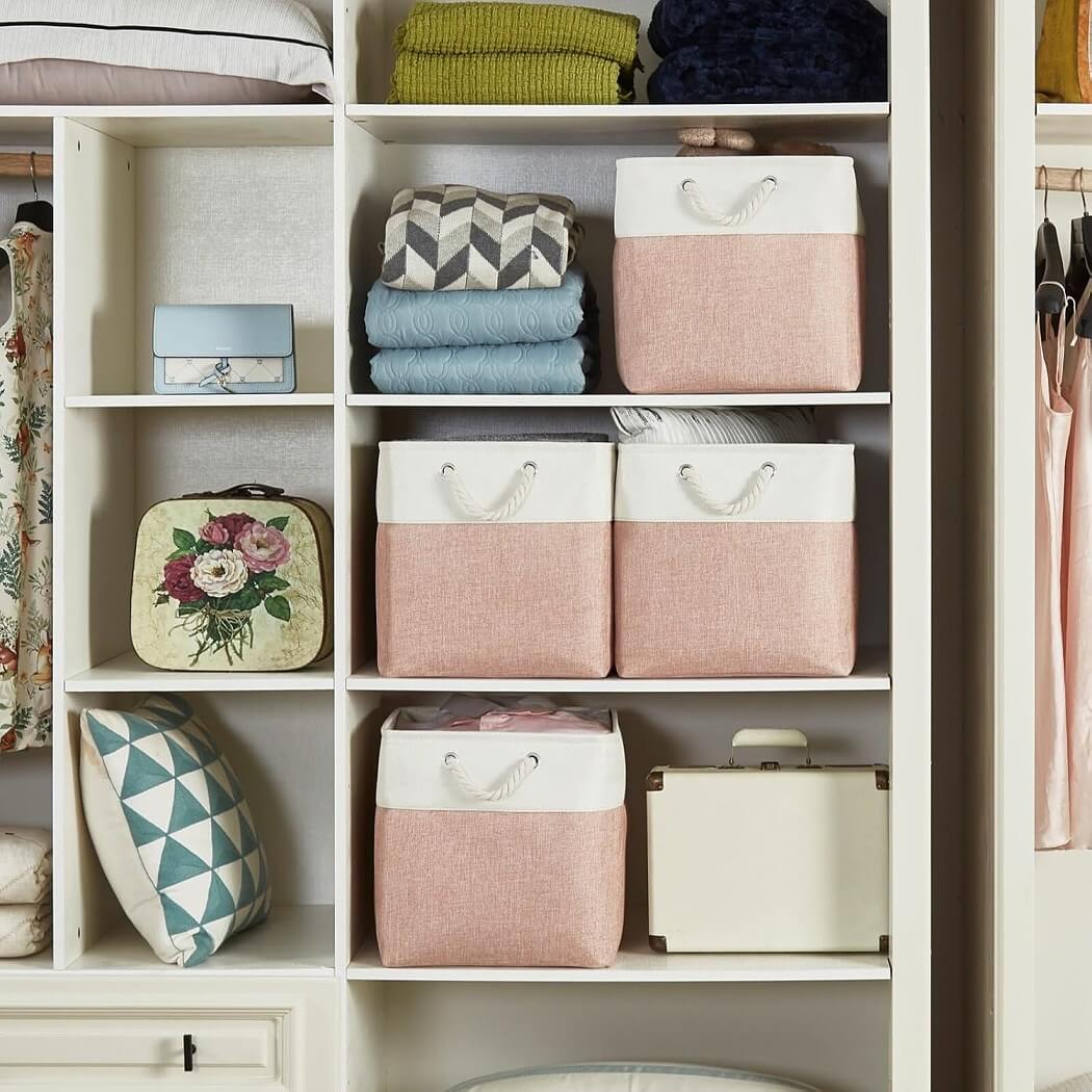 Fabric Storage Cube Boxes | High-Quality Fabric with Rope Handles | Set of 4 in White and Pink