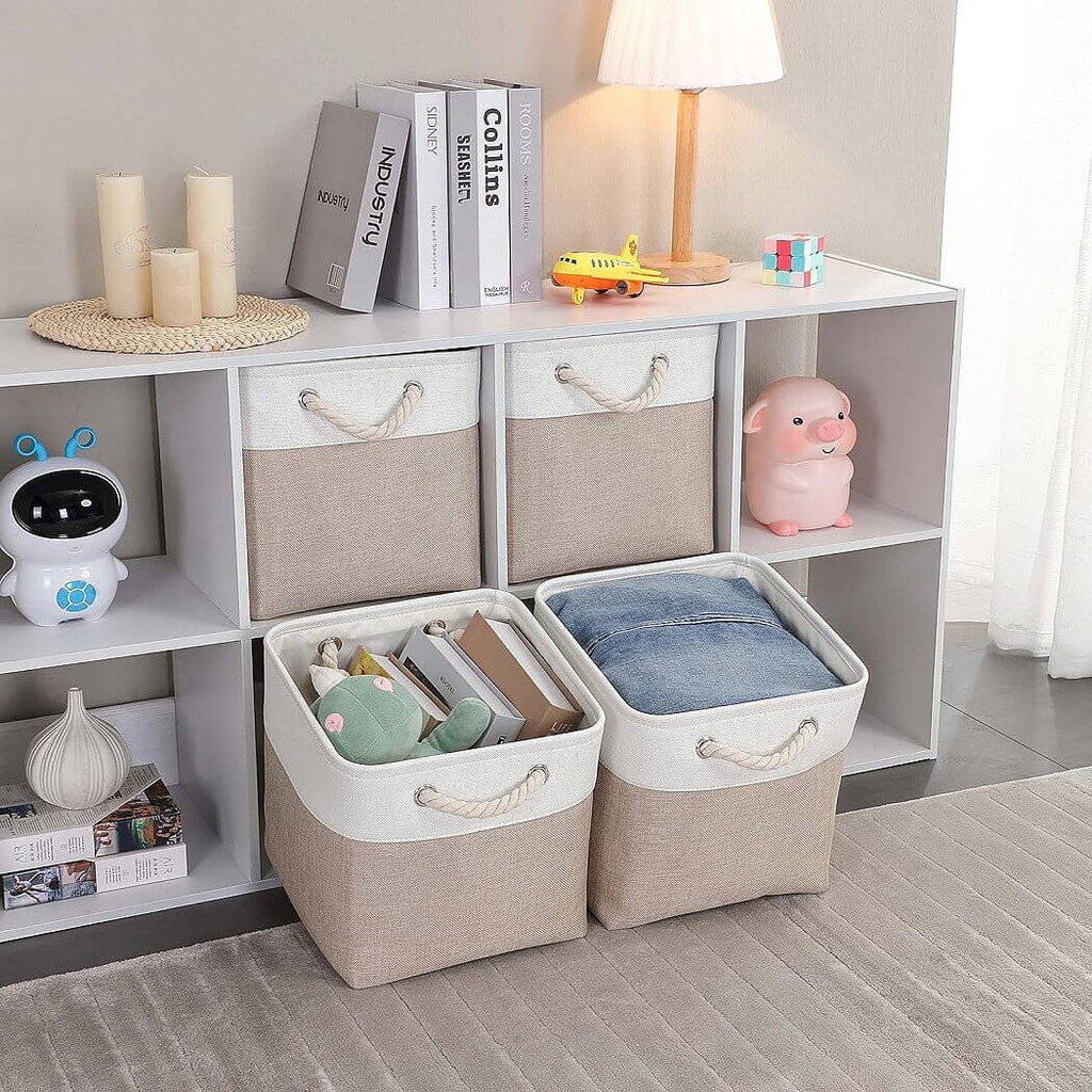 Storage Cube Boxes | Canvas and Linen | White and Light Khaki | Set of 3 Sizes