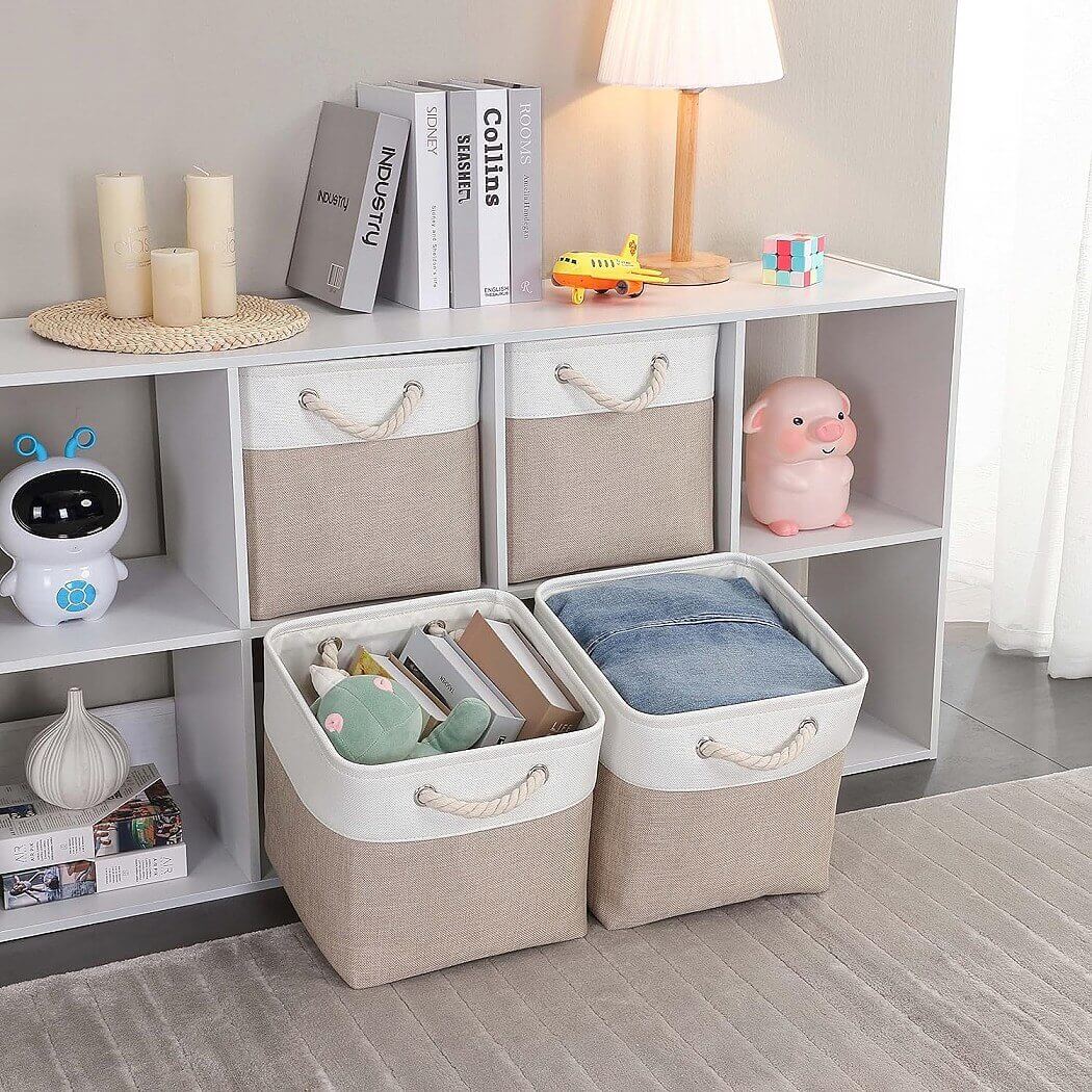 Storage Cube Boxes | Canvas and Linen | White and Light Khaki | Set of 3 Sizes