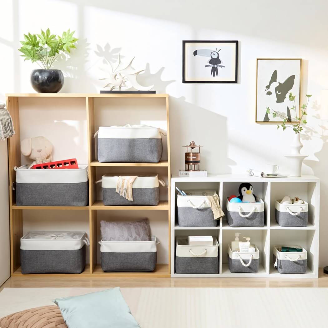 Fabric Storage Baskets | Linen Hemp Cotton Blend | Set of 4 Cold Blue Grey & White