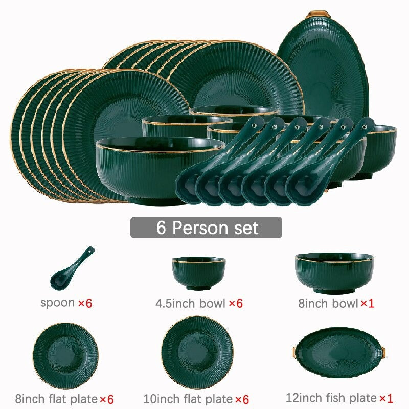 Ocula Dinnerware Set | Fine Porcelain with Gold Rim | Green, 4-8 Persons