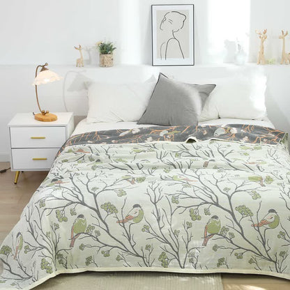 Hawthorn Tree Bird Quilt | 100% Organic Cotton | Reversible Design, Full/Queen Size