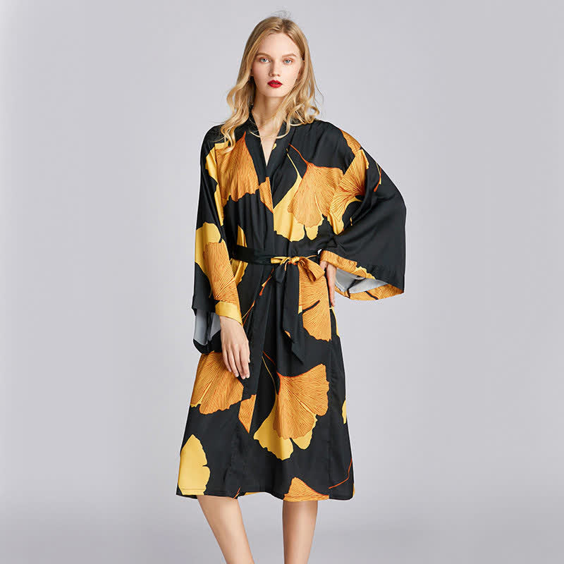 Ginkgo Leaf Bathrobe | Lightweight Polyester | Black and Gold