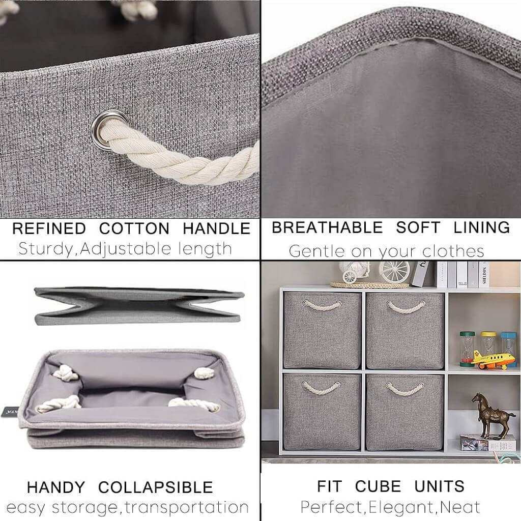 Grey Storage Baskets | Durable Fabric with Rope Handles | Set of 3 Sizes