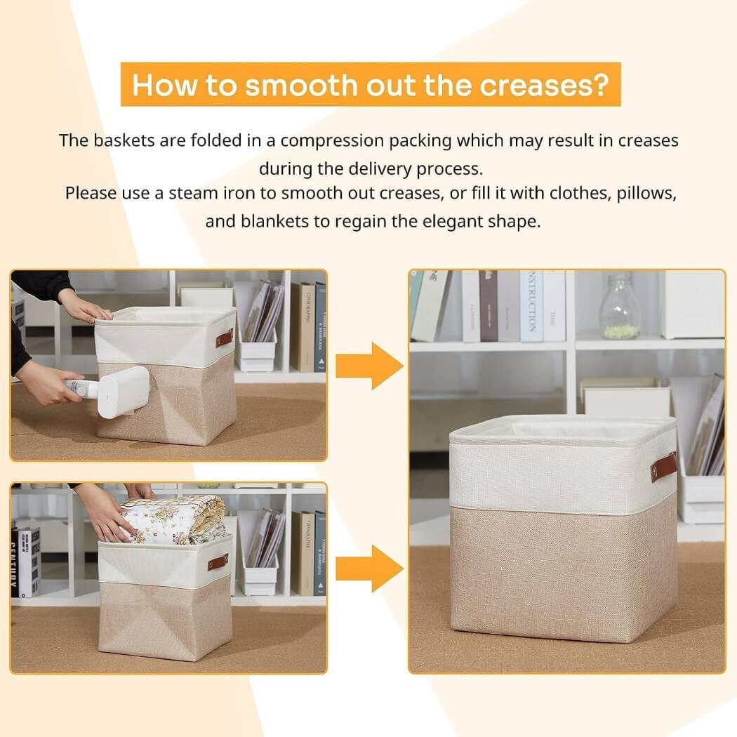 Fabric Storage Boxes | Collapsible with Leather Handles | Set of 3, White & Khaki
